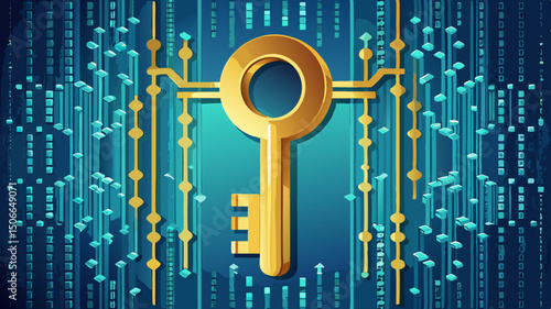 golden key stands out against backdrop of binary codes, symbolizing security and access in digital world. contrast creates captivating visual