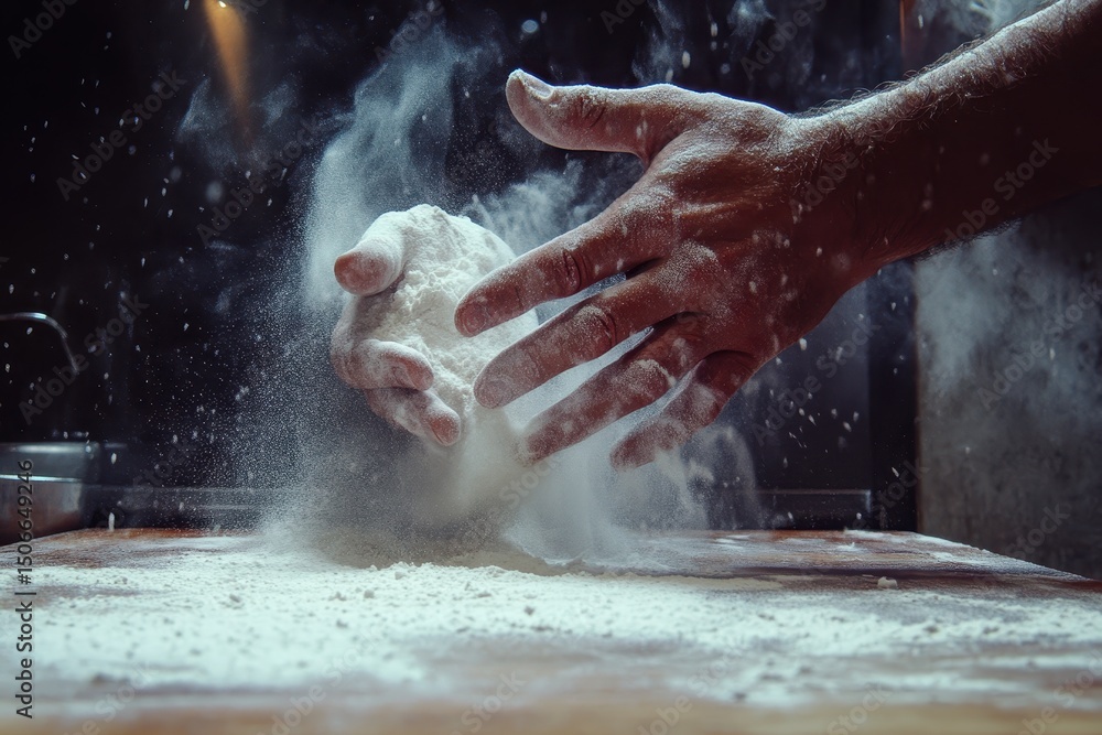 Fototapeta premium Baker's Hands in Action: Flour Dusting in a Bustling Kitchen Environment