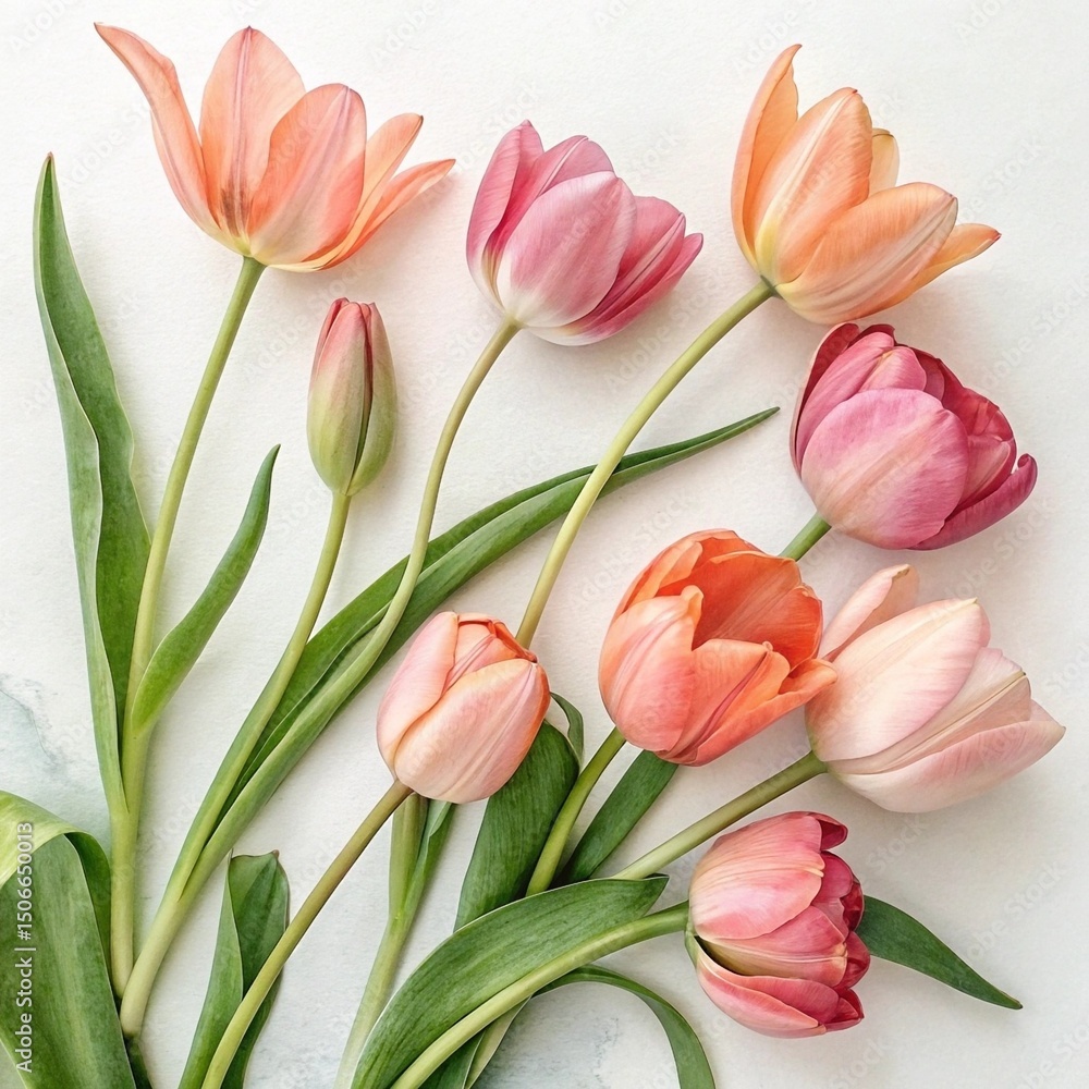 Pastel pink and orange tulips bouquet isolated on white background Pastel pink and orange tulips bouquet isolated on white background