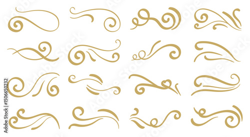 Luxury gold calligraphy swirl ornaments design element vector set. Hand drawn vintage flourishes for wedding cards and typography decoration.