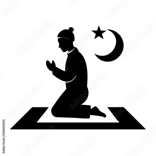Islamic man praying on mat with crescent moon and star, black silhouette icon PNG