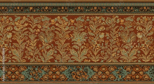 Intricate floral tapestry A rich auburn field blossoming with ornate timeless elegance