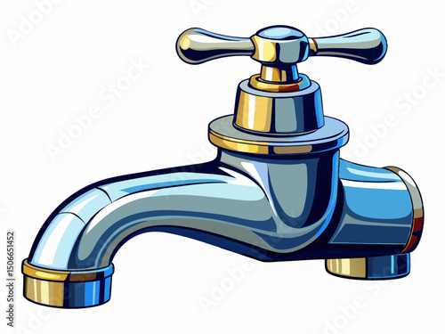 A high-quality vector illustration of a chrome-plated water faucet with single handle, isolated on a white background
