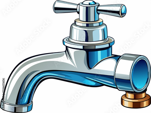 A high-quality vector illustration of a chrome-plated water faucet with single handle, isolated on a white background