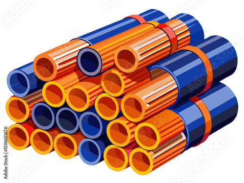 A detailed vector of a set of PVC construction pipes stacked neatly, isolated on a white background