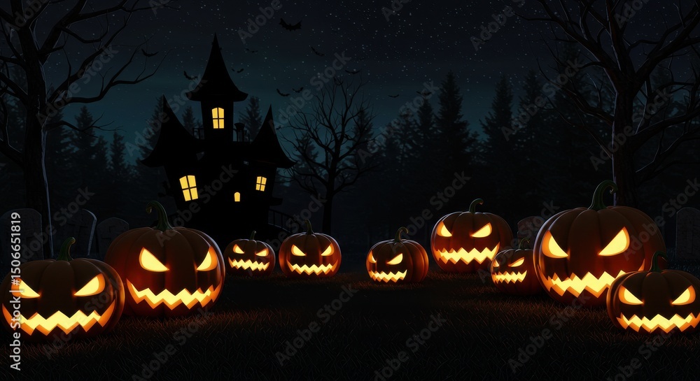 Halloween night in a haunted pumpkin patch ghostly mansion looming Halloween night in a haunted pumpkin patch ghostly mansion looming