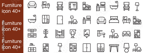 Furniture flat line icons set. Kitchen, bedroom, sofa table, bookcase closet, chair, mattress, lamps, ladder vector illustrations. Outline signs of house interior, editable stroke