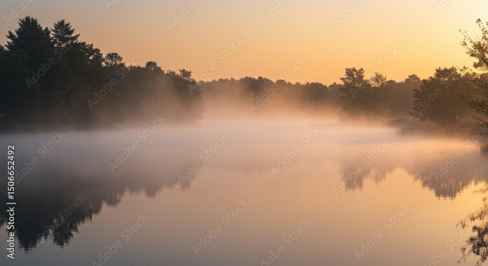 Obraz premium Misty Lake Sunrise Trees reflected in still water under a golden hazy dawn
