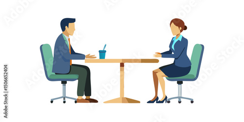 Business Interview or Meeting Scene.Two business professionals are seated across a round table, likely engaged in a meeting or interview.