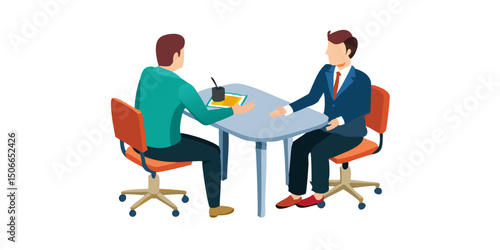 Business Interview or Meeting Scene.Two business professionals are seated across a round table, likely engaged in a meeting or interview.