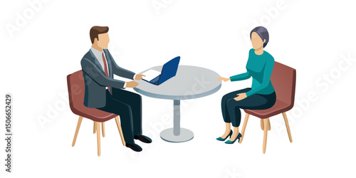 Business Interview or Meeting Scene.Two business professionals are seated across a round table, likely engaged in a meeting or interview.