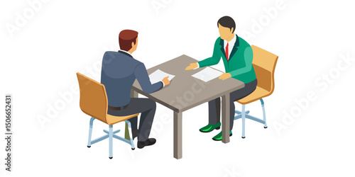 Business Interview or Meeting Scene.Two business professionals are seated across a round table, likely engaged in a meeting or interview.