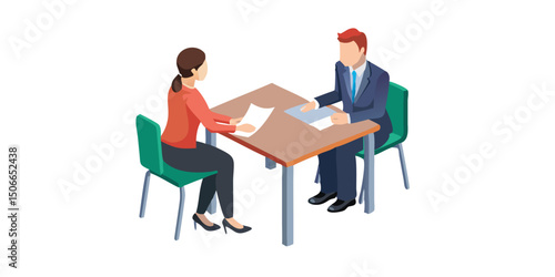Business Interview or Meeting Scene.Two business professionals are seated across a round table, likely engaged in a meeting or interview.