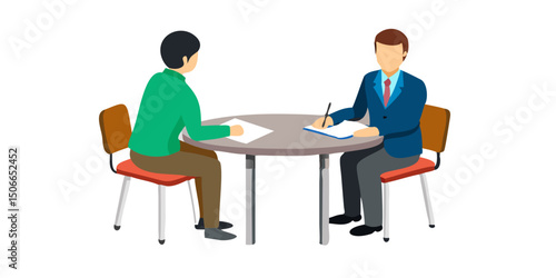 Business Interview or Meeting Scene.Two business professionals are seated across a round table, likely engaged in a meeting or interview.