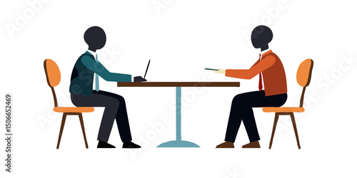 Business Interview or Meeting Scene.Two business professionals are seated across a round table, likely engaged in a meeting or interview.
