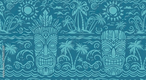 Teal tropical pattern with tiki masks and palm trees