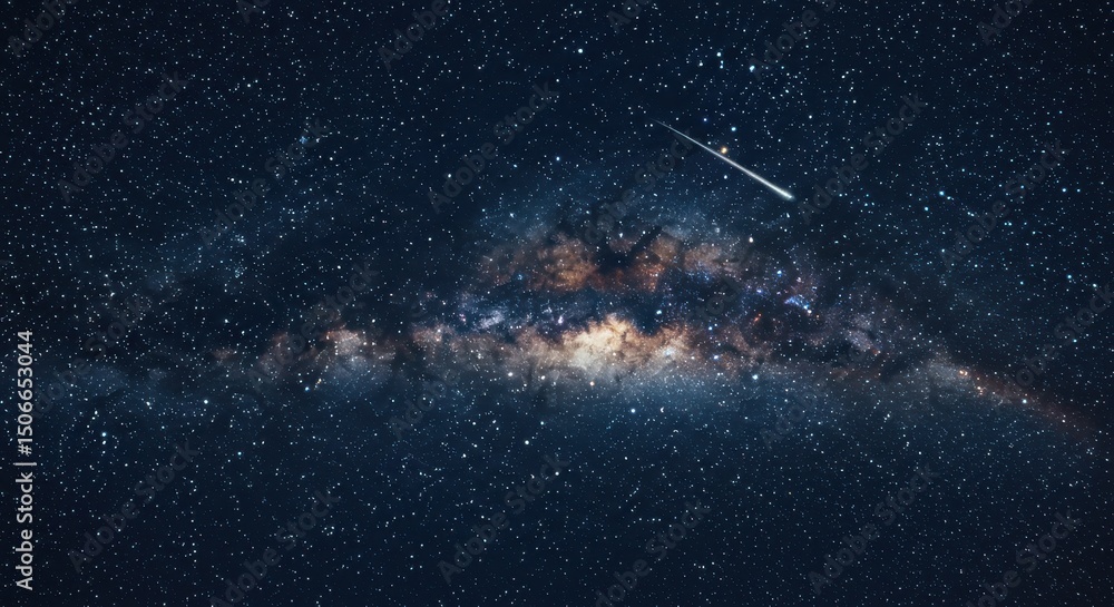 Naklejka premium Milky Ways starry expanse crossed by a radiant shooting star cosmic ballet