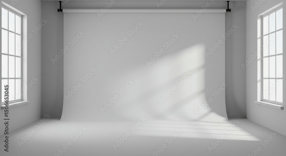 Fototapeta premium Minimalist photo studio with light streaming through windows onto backdrop
