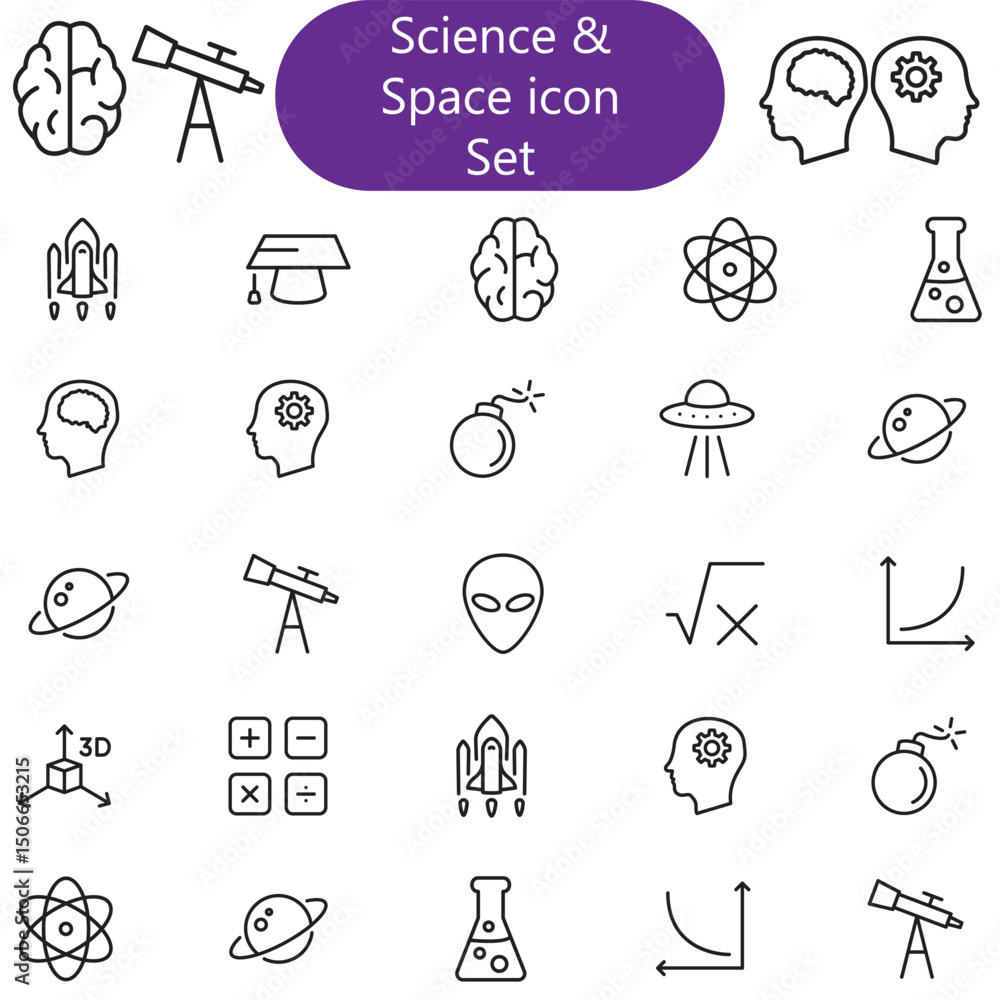 Fototapeta premium Science Line Icons. Editable Stroke. Pixel Perfect. For Mobile and Web. Contains such icons as Planet, Astronomy, Machine Learning, Artificial Intelligence, Chemistry, Biology, Medicine, Education, Sc