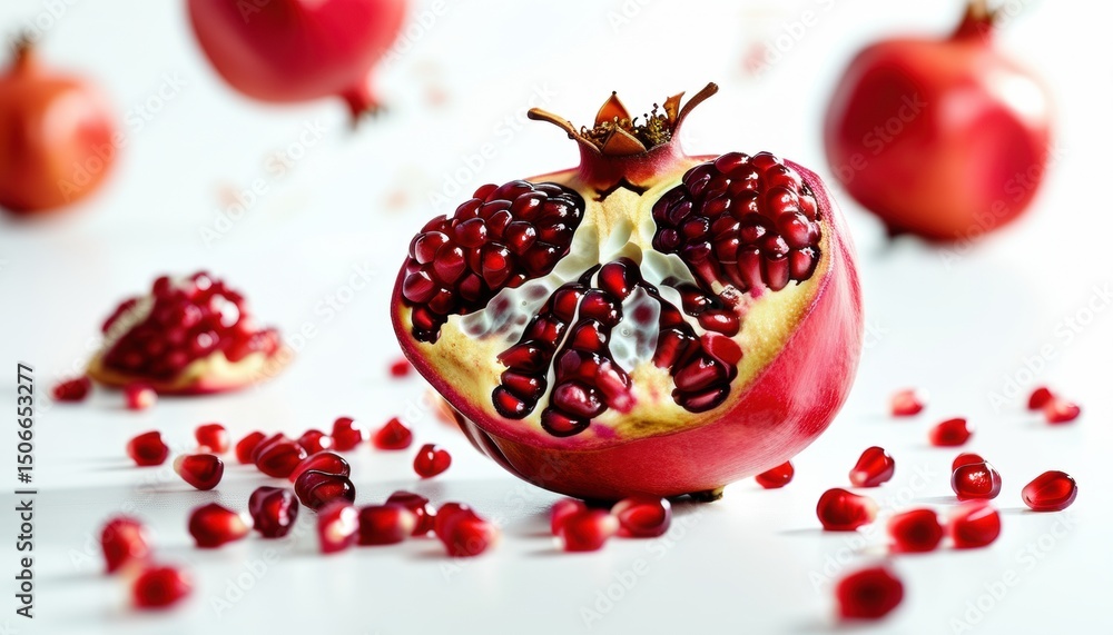 Fresh pomegranate fruit with seeds on display with copy space for health and nutrition concepts Fresh pomegranate fruit with seeds on display with copy space for health and nutrition concepts