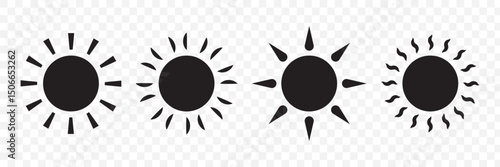 Sun icon set in black color on white background. Sun simple icons collection. Black sun icon set, sunshine and solar glow, sunrise or sunset. Vector illustration. EPS 10
