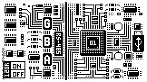 Microchip, chip texture tile pattern pixel art game assets, high tech circuit, microcircuit technology background. Vector illustration. 1-bit. Central processing unit, system code. Computer and CPU.