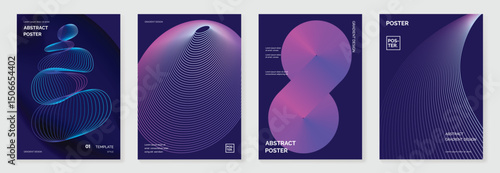 Modern gradient poster background vector set.Cover template with purple perspective geometric prism shapes, line. Ideal design for social media, cover, banner, flyer.