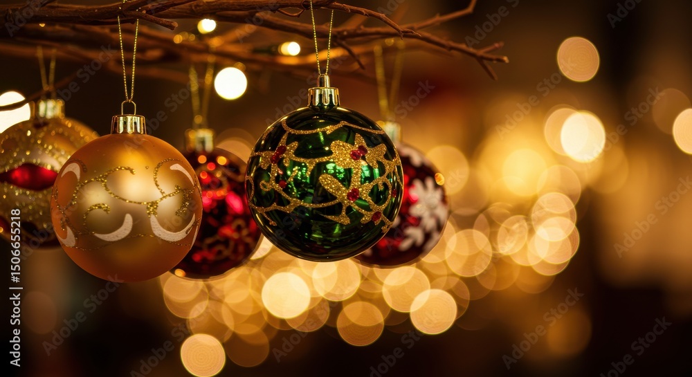 Fototapeta premium Shimmering Ornaments Festive spheres dangle on branch lights blur