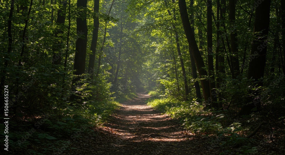 Fototapeta premium Sunkissed path beckons through a serene forest
