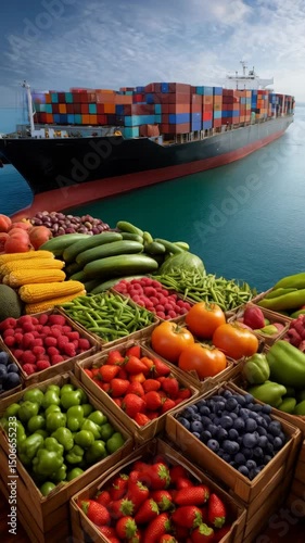 Cargo ship transporting assorted fresh fruits and vegetables on the ocean, colorful shipping containers, trade and commerce concept