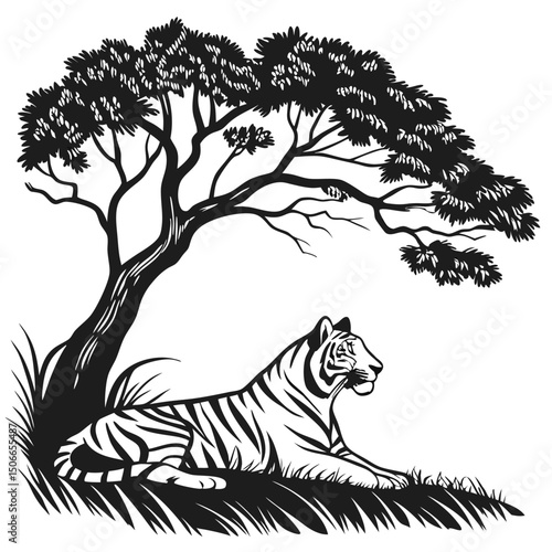 Tiger Resting Under a Shade Tree Monochrome Vector Graphic Illustration