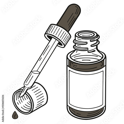 A drawing showing an open medicine bottle with a dropper and droplet