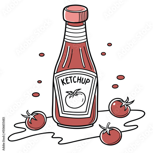Whimsical illustration of a ketchup bottle with tomatoes and splatter