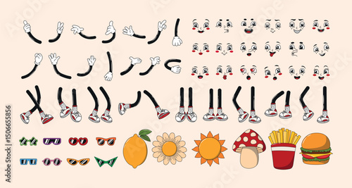 Groovy retro character parts: legs, hands, faces, sunglasses. Mascot elements, different poses and angles. 60s, 70s, 80s cartoon funky comic psychedelic hippie vector illustration set.