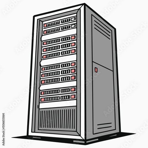 A cartoonstyle illustration of a full server rack with multiple devices