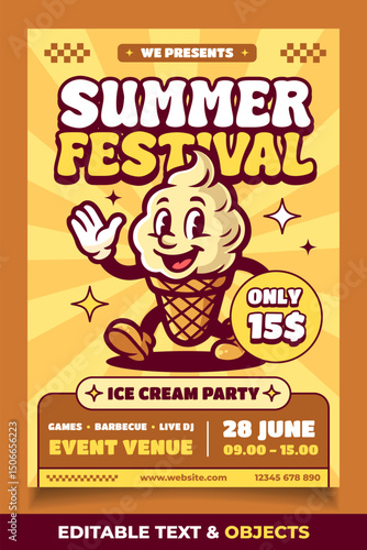 Ice Cream Retro Mascot Logo Flyer Template. Vintage Summer Festival Poster Illustration