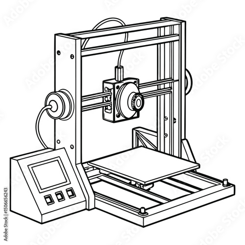 Detailed line drawing of a 3D printer, a modern manufacturing device