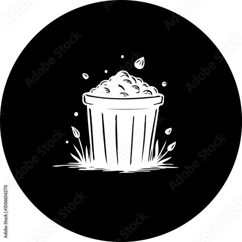 Stylized compost bin illustration against a dark background with minimalist design