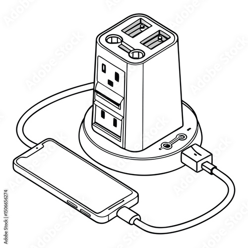 Isometric view illustration of a phone charging with a multi plug adapter