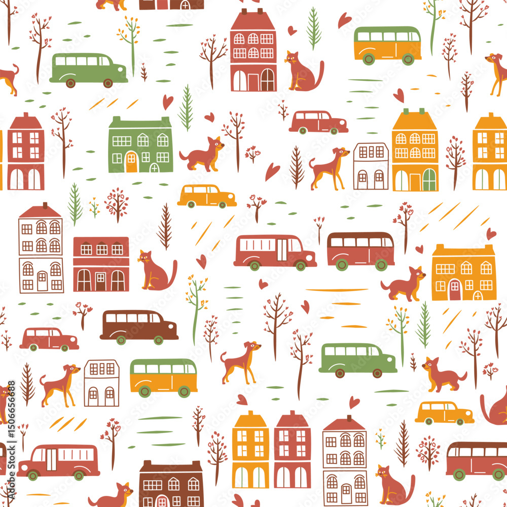 Fototapeta premium Seamless Scandinavian City Pattern with Cats, Dogs, and Houses – Naive Kids Illustration Playful seamless pattern in a Scandinavian naive style featuring cute houses, cars, buses, trees, cats, and dog