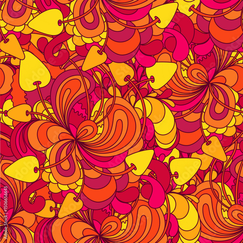 Psychedelic Abstract Pattern with Mushrooms and Waves – Hippie 70s Style Design Seamless psychedelic pattern inspired by 1960s–70s hippie culture, featuring abstract mushrooms, wavy forms 