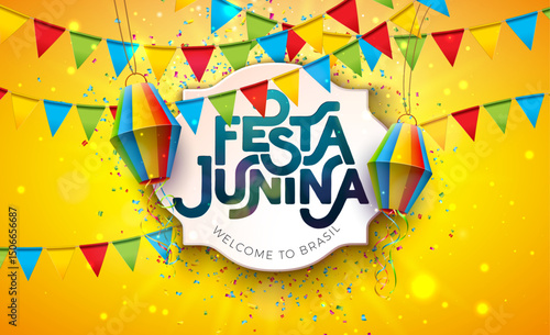 Festa Junina Banner Design with Party Flags, Paper Lantern and Typography Lettering on Yellow Falling Confetti Background. Vector Brazil Sao Joao June Festival Illustration for Greeting Card, Banner