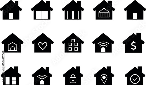  Black filled home icon set with assorted modern house  including financial, technological, and secure property concepts for real estate, housing, and urban development use