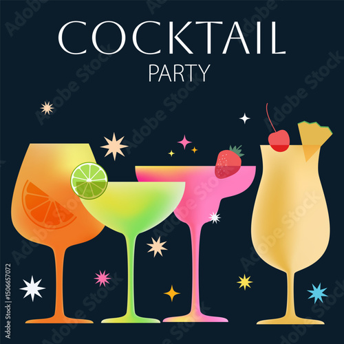 Night party poster design, menu, bar, cocktail, margarita, spritz and strawberry daiquiri, Pina colada and stars on black background.