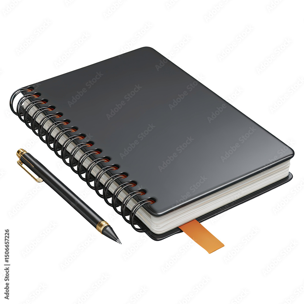 Black Spiral Notebook with Pen on Transparent Background Black Spiral Notebook with Pen on Transparent Background