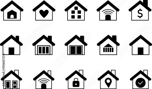  Filled and outlined house icons for real estate and property concepts, featuring various home  and simple architectural illustrations in black and white vector 
