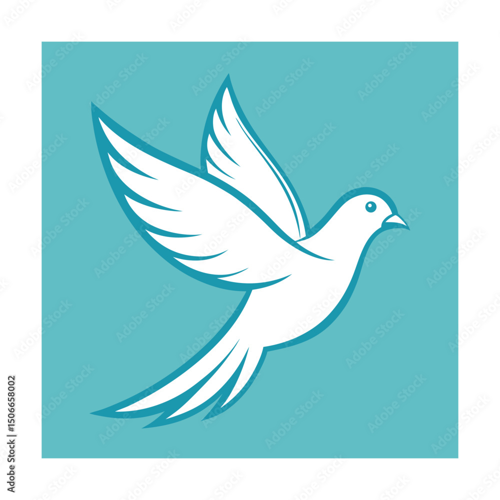 Obraz premium Vector illustration of a white dove in flight on a light blue square background