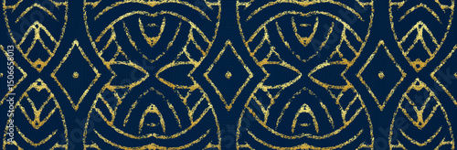 Banner, cover design. Geometric ethnic golden decorative 3D pattern on blue background. Ornaments, arabesques, mandala, fresco, painting of the East, Asia, India, Mexico, Aztec, Peru.