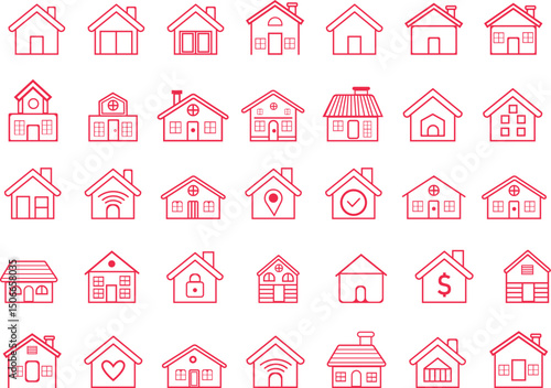 red line house icon collection featuring various residential and real estate concepts, including minimalist home outlines for modern property and marketing 
