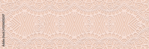 Banner, cover design. Geometric ethnic glamorous 3D pattern on a pink background. Relief ornaments, arabesques, mandala, fresco, painting of the East, Asia, India, Mexico, Aztec, Peru.
